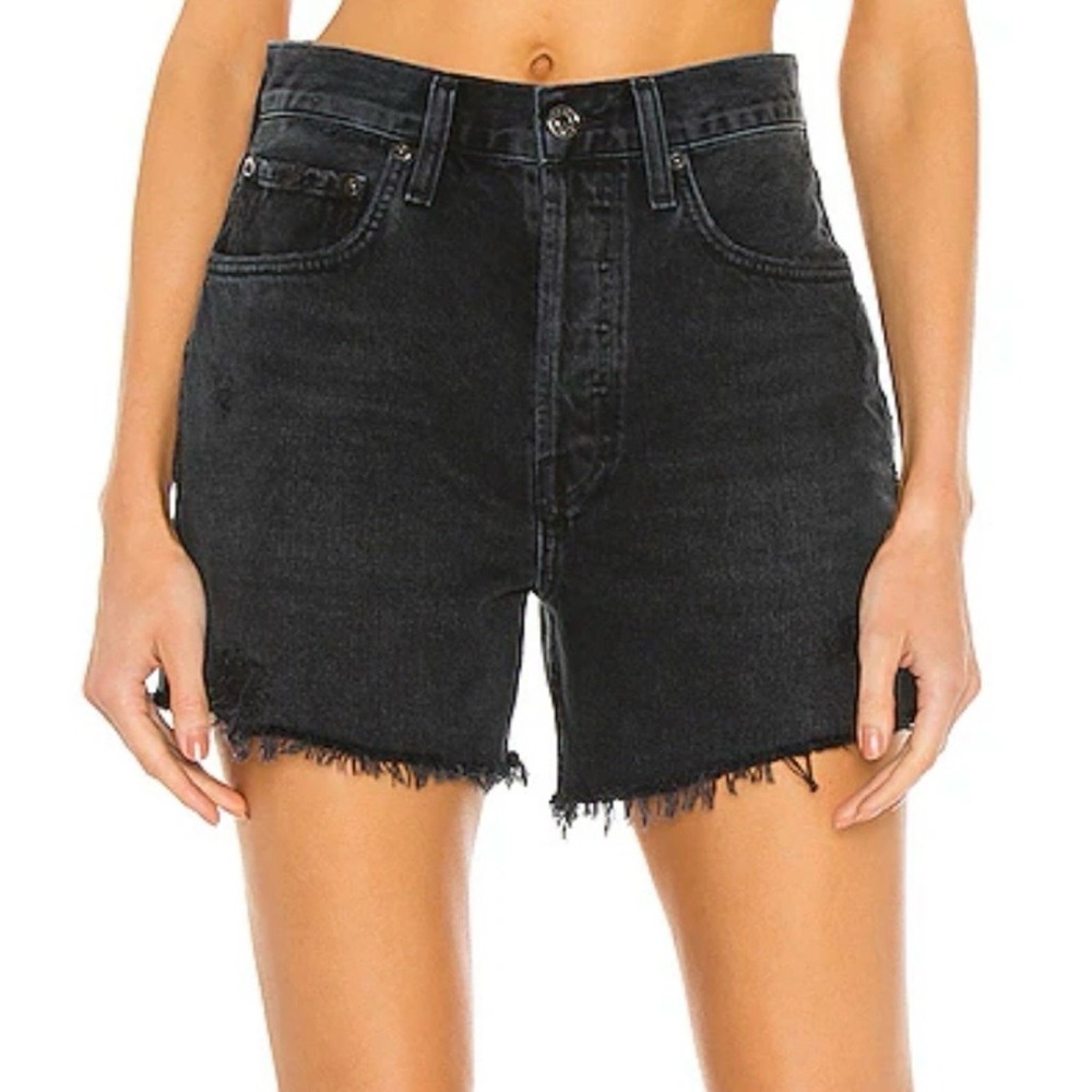 AGOLDE Riley Black Vortex Distressed Denim High Rise Shorts
